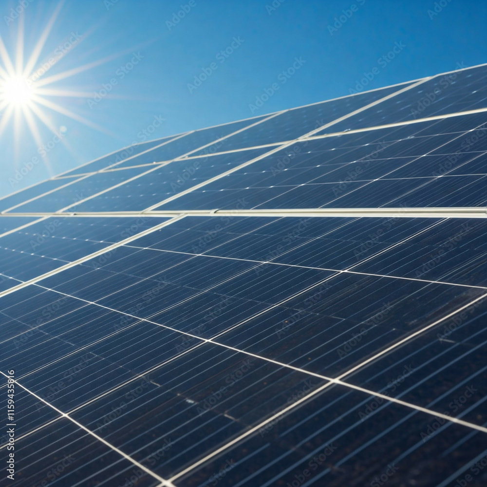 bright blue sky with white sun rays over solar panels bright blue sky with white sun rays over solar panels