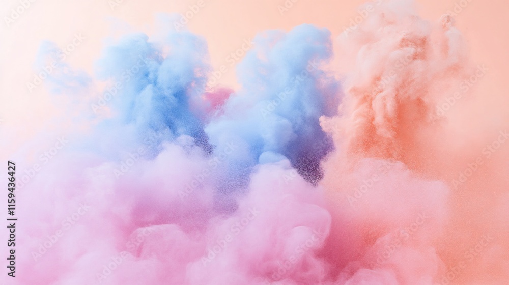 Naklejka premium Pastel blue, pink, and orange smoke clouds on a peach background.