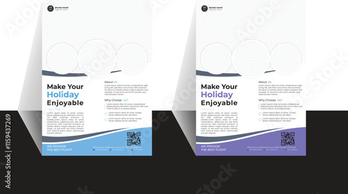 Travel poster or flyer pamphlet brochure design layout space for photo background with shape for 3 front picture. Blue and violate flyer template for travel agency.