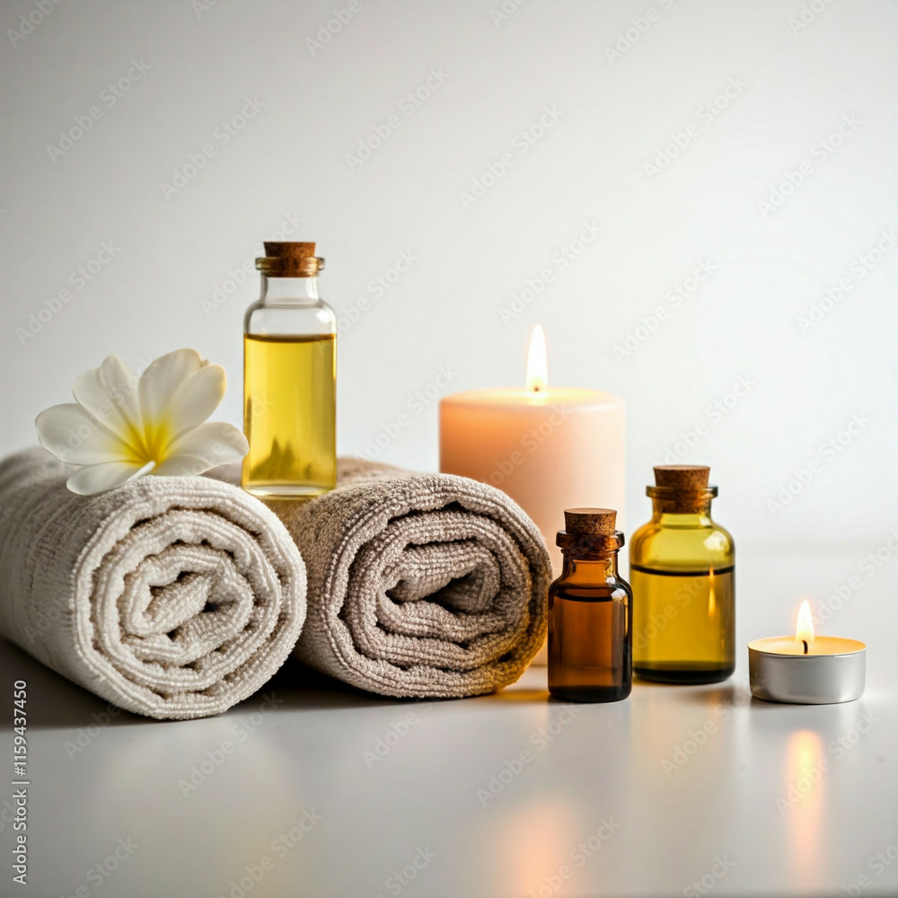 spa relaxation with rolled towels candles and essential oils on white tabletop spa relaxation with rolled towels candles and essential oils on white tabletop
