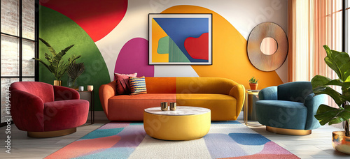 Wallpaper Mural Farbenfrohes Wohnzimmer im Maximalist-Stil mit bunten Möbeln und abstrakten Kunstwerken Torontodigital.ca