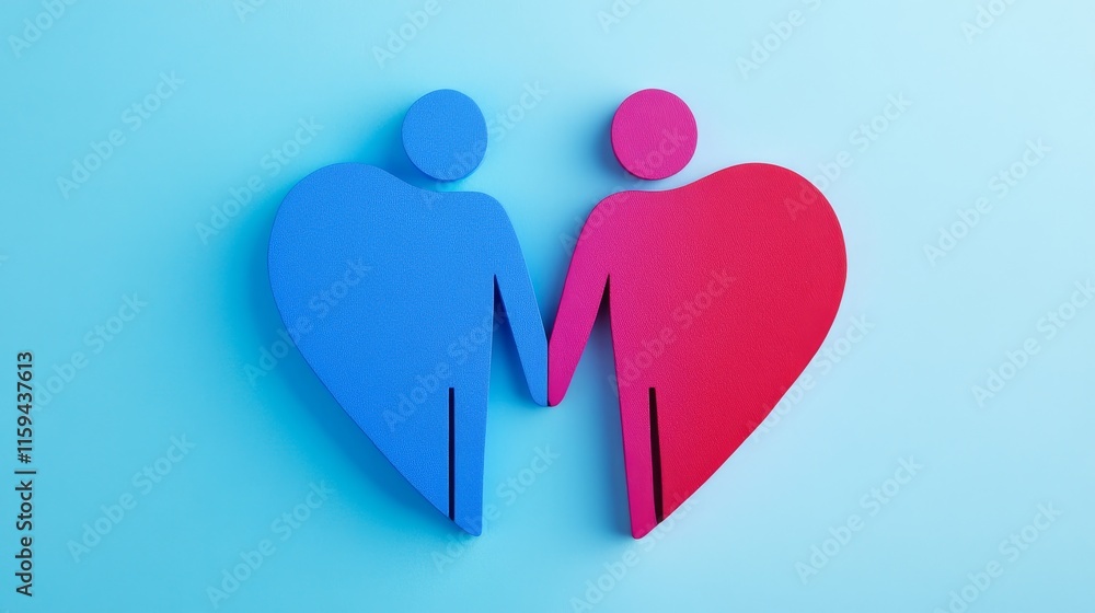 Unity Through Love - Two figures, blue and pink, holding hands, forming a heart shape, symbolizing love, partnership, unity, togetherness, and connection. Unity Through Love - Two figures, blue and pink, holding hands, forming a heart shape, symbolizing love, partnership, unity, togetherness, and connection.