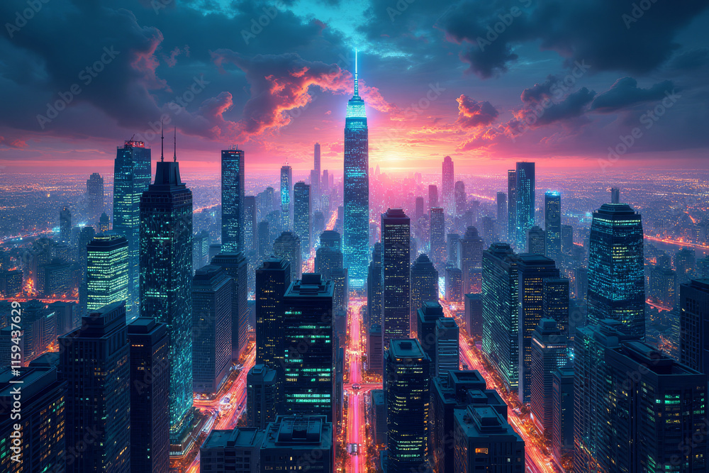 Fototapeta premium Modern cityscape in neon blue and pink with dramatic sunset 