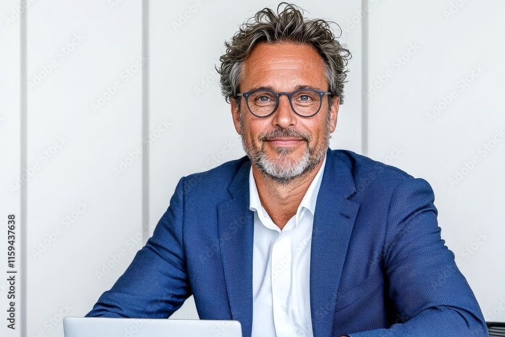 A mature business executive with a smile sits at his desk, working on a laptop. The happy, busy professional, a middle-aged CEO or manager, is engaged with corporate technology in his office.