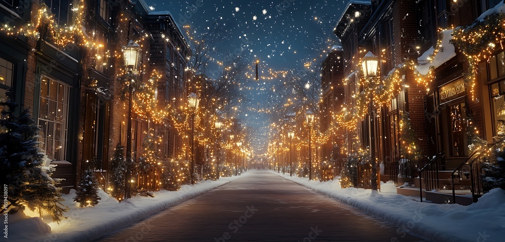 Fototapeta premium New Yeara??s Eve Street with Sparkling Lights and a Snowy Evening Sky Above
