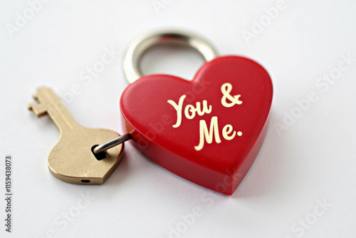 Red Heart-shaped Lock with a Love Message and a Key on a White background