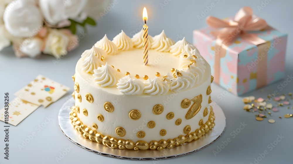 Elegant White Birthday Cake With Gold Accents And Candle Elegant White Birthday Cake With Gold Accents And Candle