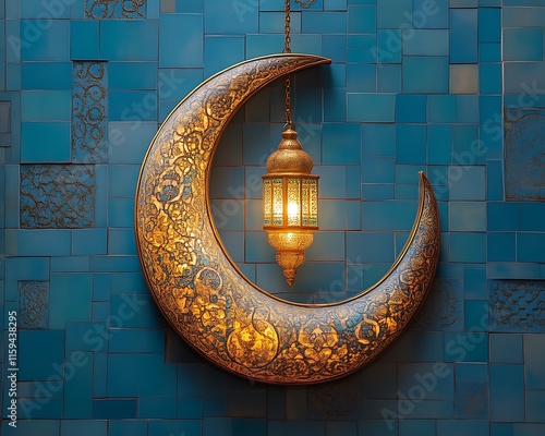 Ornate crescent moon with lantern. photo