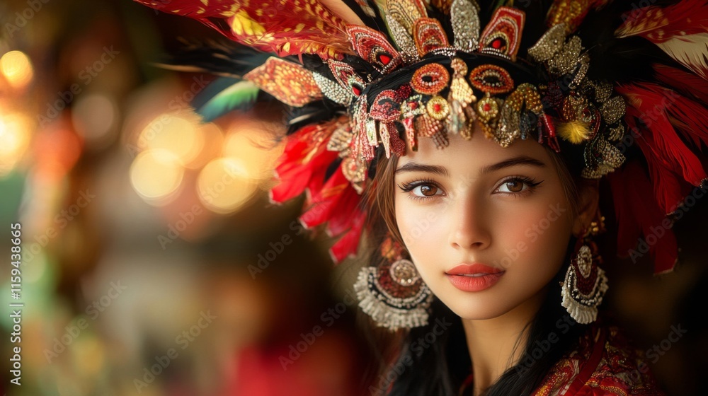 A Young Woman Adorned In A Vibrant Headdress A Young Woman Adorned In A Vibrant Headdress