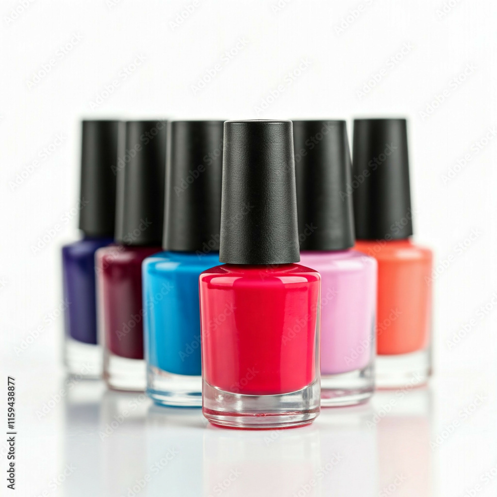 colorful nail polish bottles in a row on a white background colorful nail polish bottles in a row on a white background