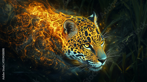 A mystical jaguar emerging from an ayahuasca vision, with its fur patterned in glowing tribal designs photo