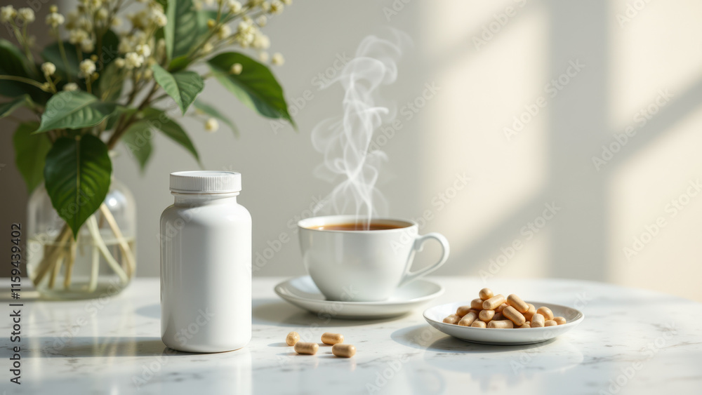 A close-up photo of a white bottle of magnesium capsules with steam from a hot beverage beside it on a marble surface, with additional food items nearby. A close-up photo of a white bottle of magnesium capsules with steam from a hot beverage beside it on a marble surface, with additional food items nearby.