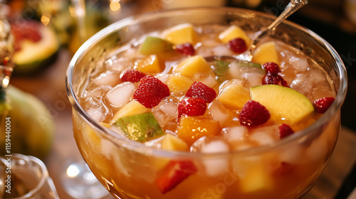 Artistic shot of kompot with rich colors and sliced fruits, clean and minimalist background, refreshing feel 