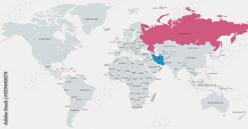 Fototapeta Naklejka Na Ścianę i Meble -  World Map Highlighting russia and Iran with Detailed Country Labels