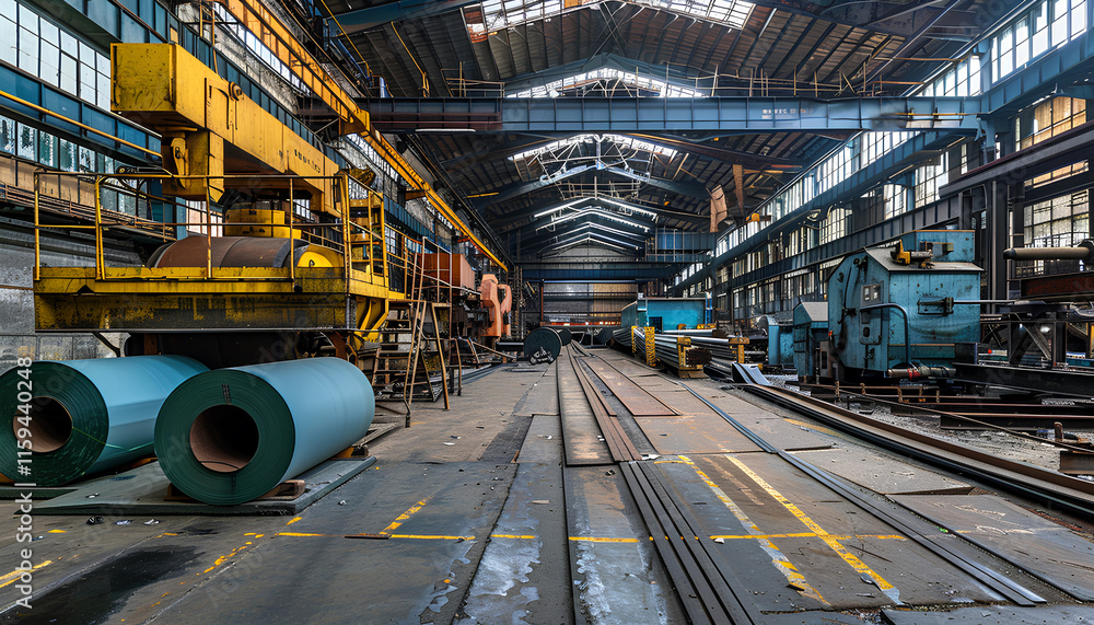 Fototapeta premium Roll of galvanized steel sheets in metalworking factory