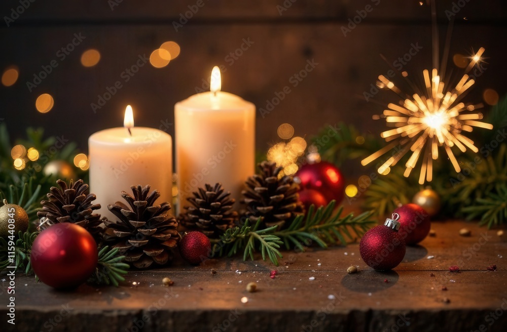 Two lit candles surrounded by pine cones and Christmas decor Two lit candles surrounded by pine cones and Christmas decor