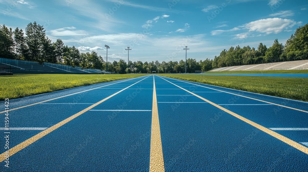 Fototapeta premium A blue athletic track stretches into the distance under a clear sky, surrounded by greenery.