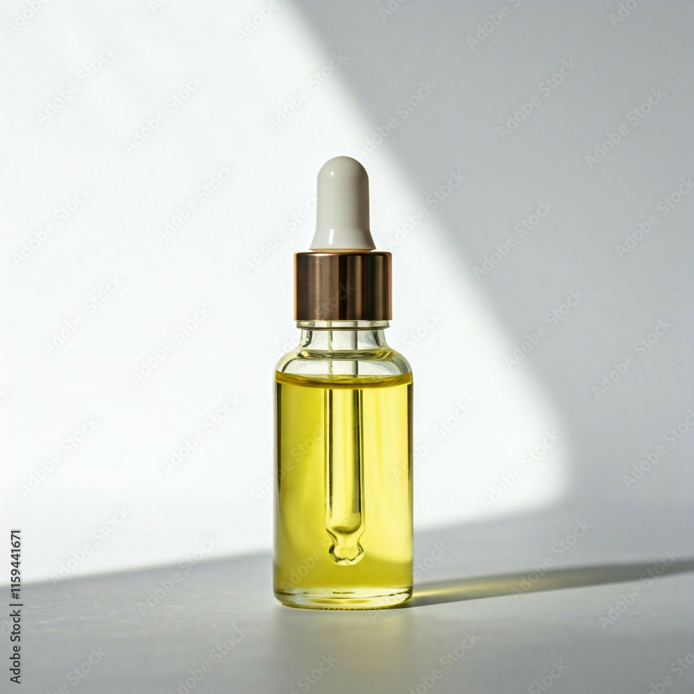 minimalist golden dropper bottle with yellow liquid on white background minimalist golden dropper bottle with yellow liquid on white background