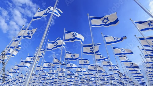 Israel flags with a star of David over clear sky background.  Jerusalem, Tel Aviv, Israel
Large flags on Flagpole waving in the wind.
3D realistic High resolution digital render of Israel flag.