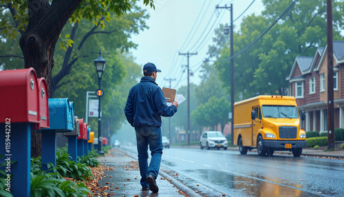 Postal worker delivering mail on rainy street