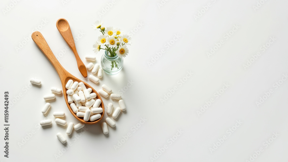 Magnesium capsules spilled from wooden spoons on gray surface with a glass jar of yellow flowers. Magnesium capsules spilled from wooden spoons on gray surface with a glass jar of yellow flowers.