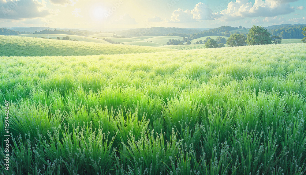 Fototapeta premium Lush green grass field at sunrise with rolling hills