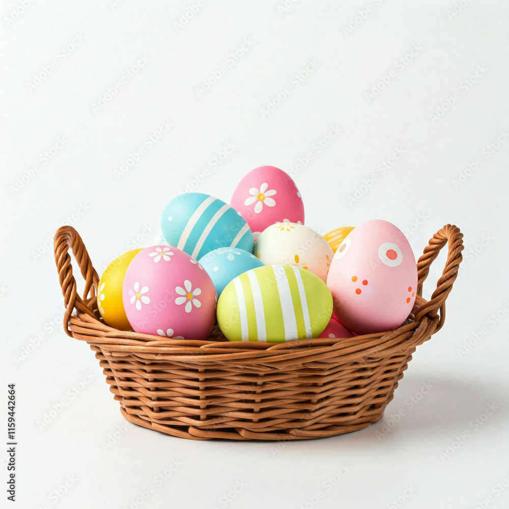 colorful easter eggs in a wicker basket on a white background