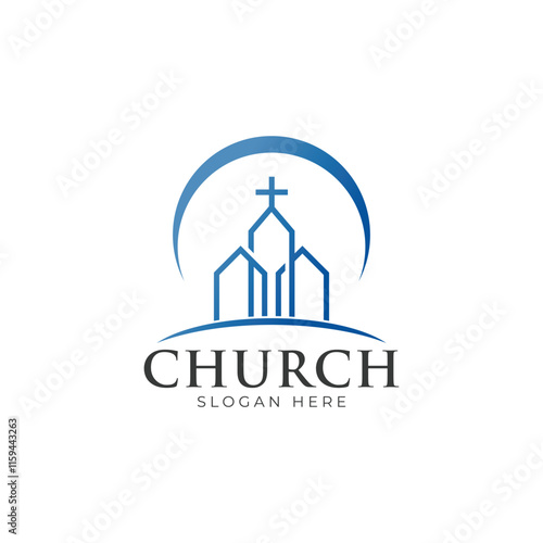 Christian Cross Church logo design vector illustration. cross logo with leaves around it