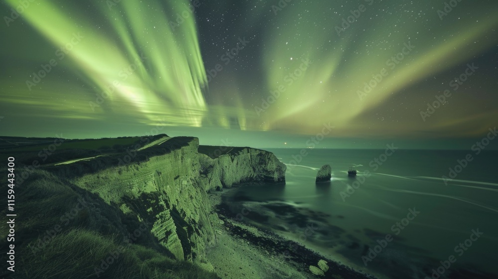 Obraz premium The breathtaking view of the aurora borealis lighting up the night sky against a backdrop of rocky coastline and ocean waves.