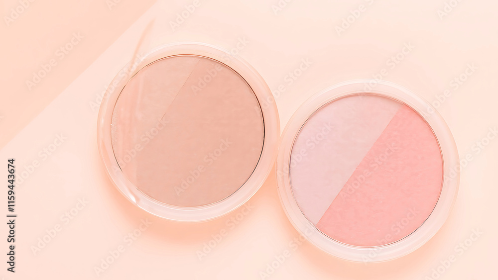 Two round pastel colored makeup powder compacts on a peach background. Beauty, cosmetics, skincare, and makeup concept. Two round pastel colored makeup powder compacts on a peach background. Beauty, cosmetics, skincare, and makeup concept.