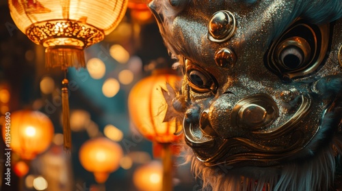 Golden Lion Dance Mask Amidst Festive Lanterns photo