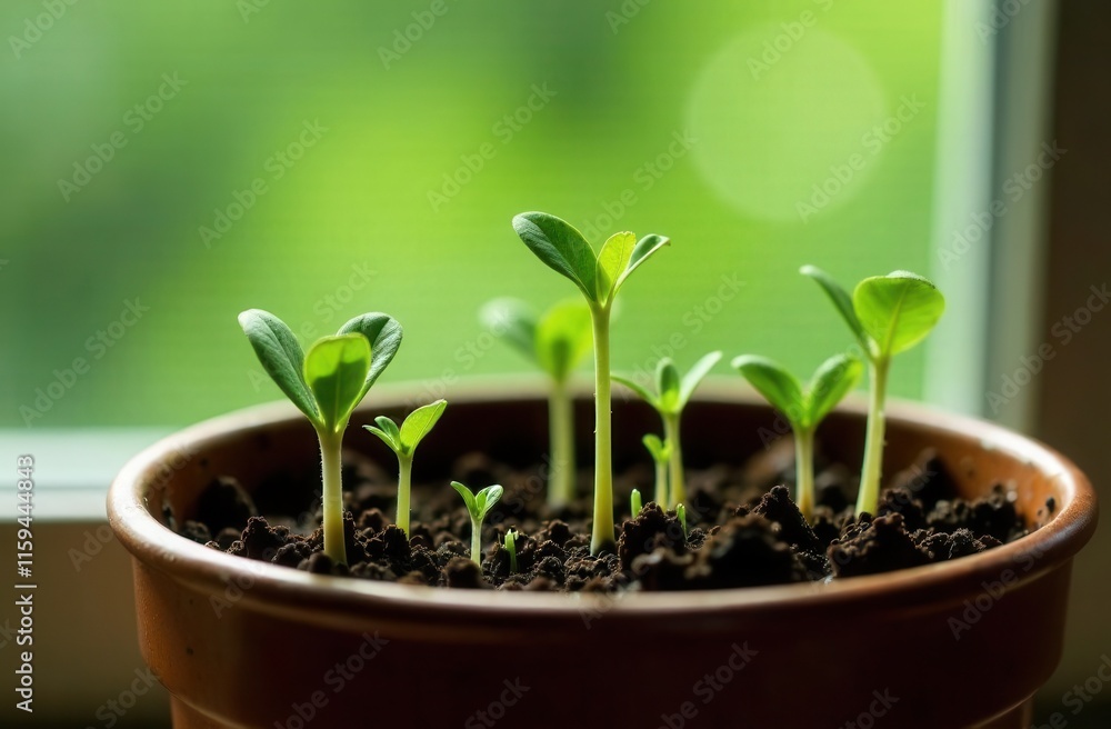 A small green plant is thriving beautifully in a pot on a sill A small green plant is thriving beautifully in a pot on a sill