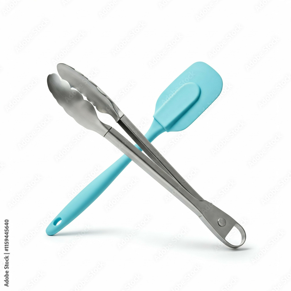 Fototapeta premium blue and silver kitchen utensil tools on white background