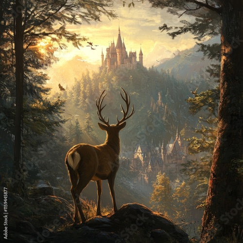 Majestic Deer Gazes Upon Fairytale Castle