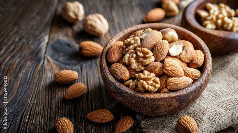 Wooden bowls filled with assorted nuts Wooden bowls filled with assorted nuts