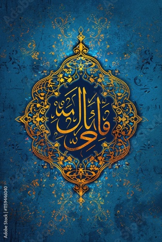 Beautiful blue and gold design with Arabic writing that reads 