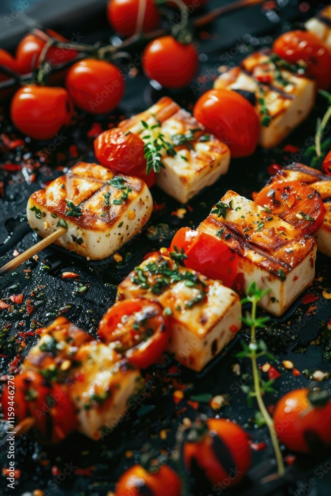 Skewers of grilled fish, tomatoes and parsley on wooden skewers. Skewers of grilled fish, tomatoes and parsley on wooden skewers.
