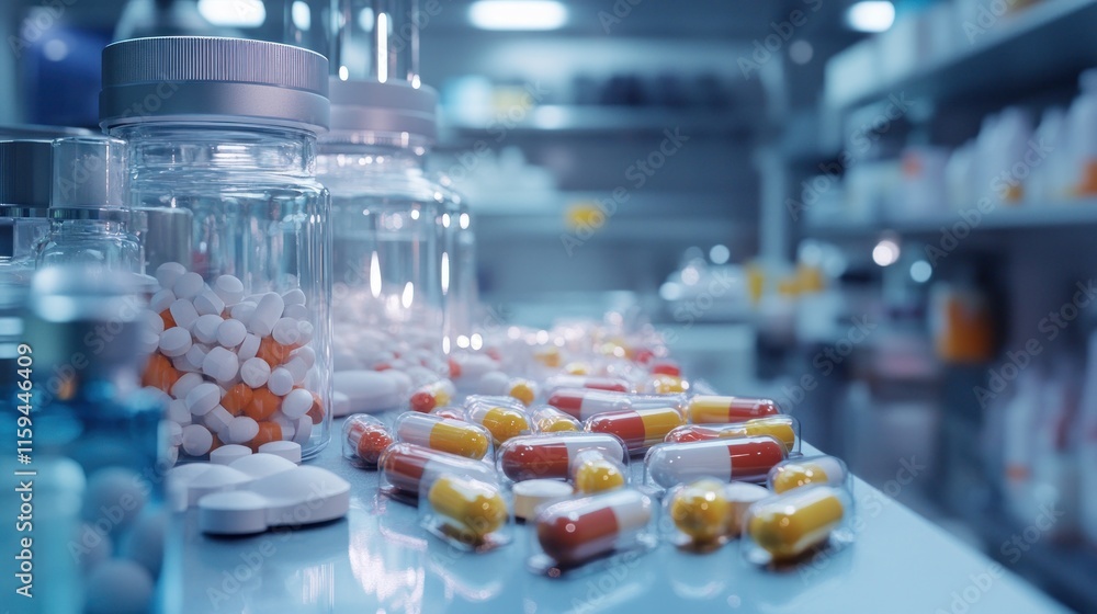 Obraz premium Pharmaceutical Products: Medicine and Healthcare in a Modern Pharmacy