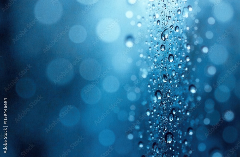 A detailed closeup view of tiny water drops on a vibrant blue background A detailed closeup view of tiny water drops on a vibrant blue background