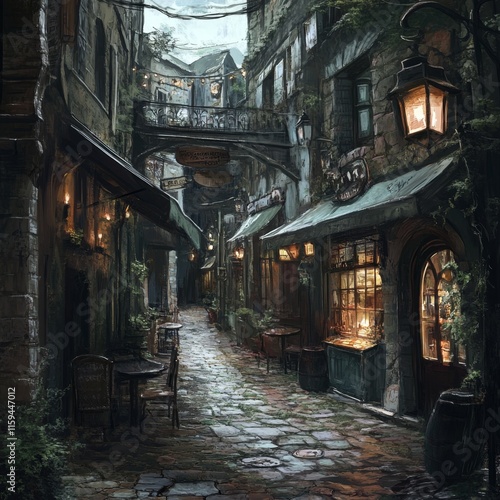 Enchanting Medieval Alleyway Gaslit Night Scene photo