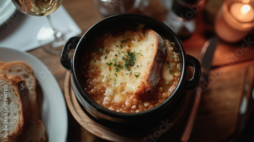 Artistic shot of lentil stew with a rustic spoon, dark background, warm earthy tones, hearty and comforting 