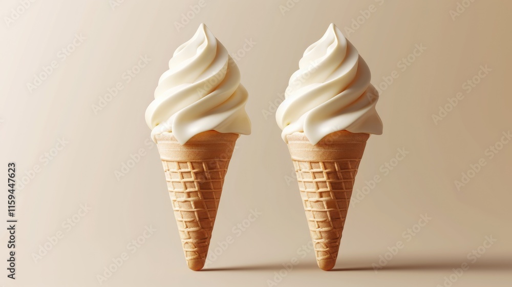 Two ice cream cones are upside down on a table. The cones are white and have a swirl pattern. The image has a playful and whimsical mood Two ice cream cones are upside down on a table. The cones are white and have a swirl pattern. The image has a playful and whimsical mood