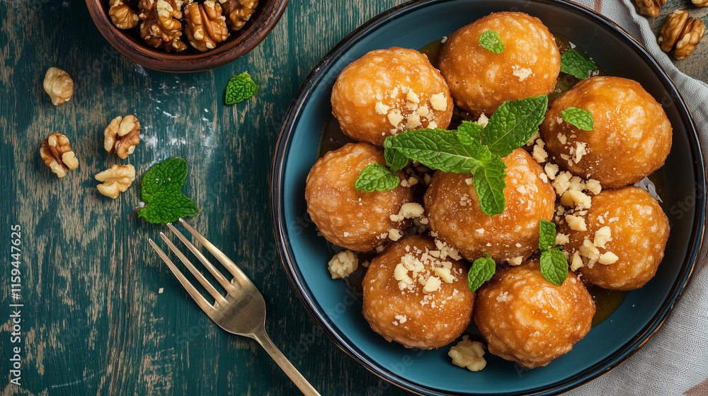 High-angle view of loukoumades with a side of fresh mint and walnuts, vibrant and traditional presentation, rustic background High-angle view of loukoumades with a side of fresh mint and walnuts, vibrant and traditional presentation, rustic background