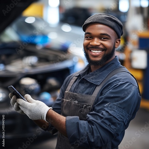 Smiling Mechanic Uses Smartphone in Auto Repair Shop