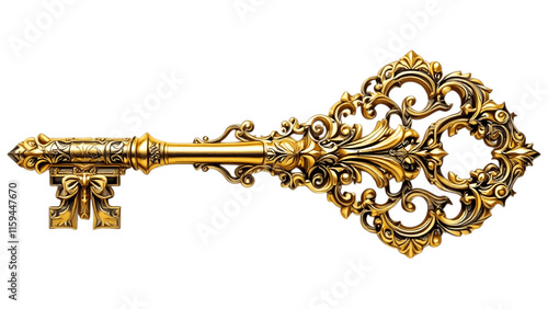 Ornate golden skeleton key in baroque style, featuring intricate scrollwork, a decorative bow, and antique brass texture, isolated on a transparent background. 