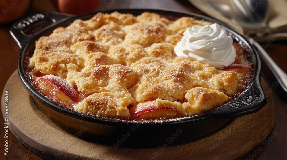 Classic peach cobbler with a golden-brown biscuit topping, served warm with a scoop of vanilla ice cream, cozy dessert setting Classic peach cobbler with a golden-brown biscuit topping, served warm with a scoop of vanilla ice cream, cozy dessert setting