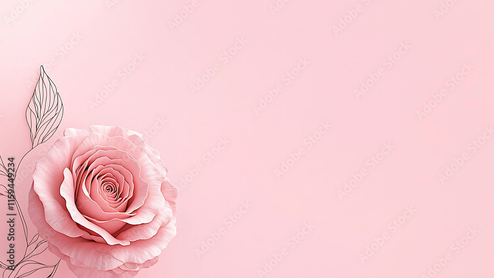 Elegant pink rose blossom on a pastel pink background with delicate line art. Perfect for feminine designs, wedding invitations, or Valentine's Day. Elegant pink rose blossom on a pastel pink background with delicate line art. Perfect for feminine designs, wedding invitations, or Valentine's Day.