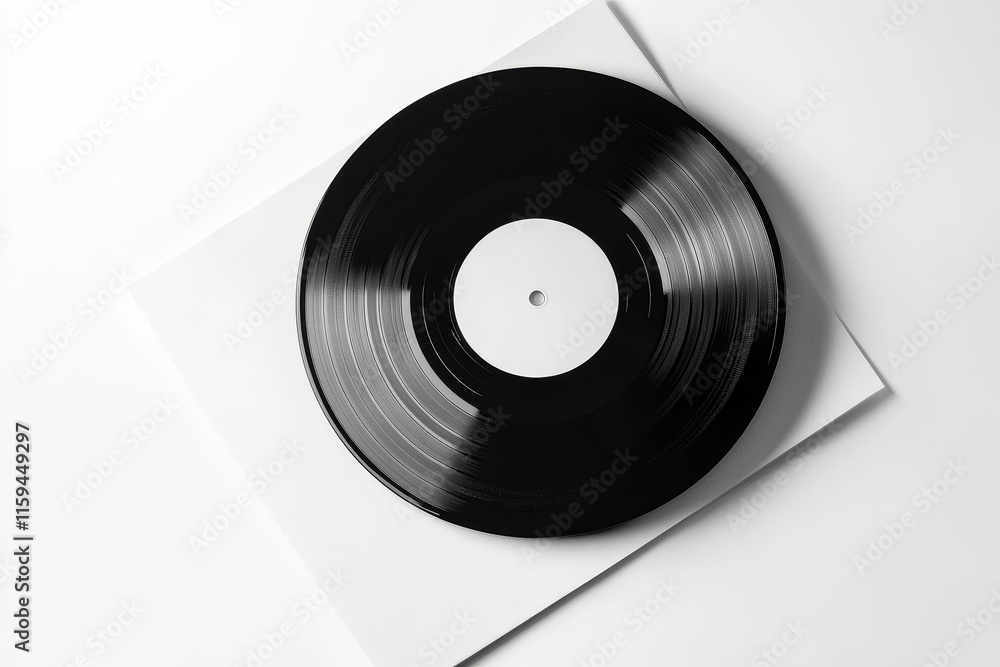A classic black vinyl record with a blank white label, viewed from above and isolated on a white background. Ideal for music and retro themes. A classic black vinyl record with a blank white label, viewed from above and isolated on a white background. Ideal for music and retro themes.