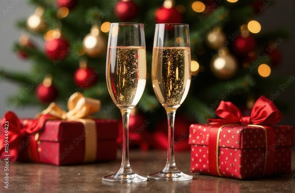 Two glasses of champagne are on a table by a Christmas tree Two glasses of champagne are on a table by a Christmas tree