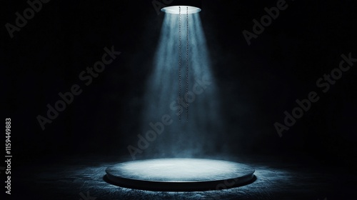 Illuminated circular platform in dark studio with spotlight and fog.